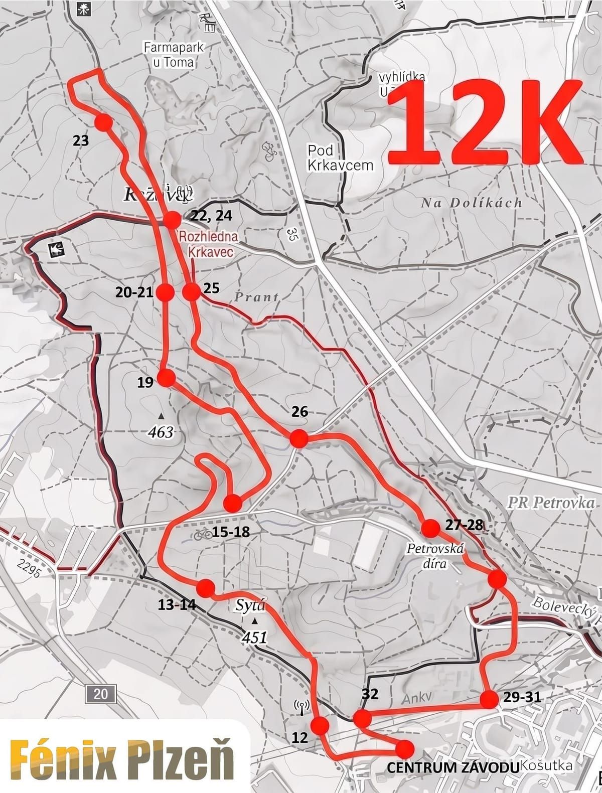 Mapa trati 12K Elite s vyznačenými překážkami