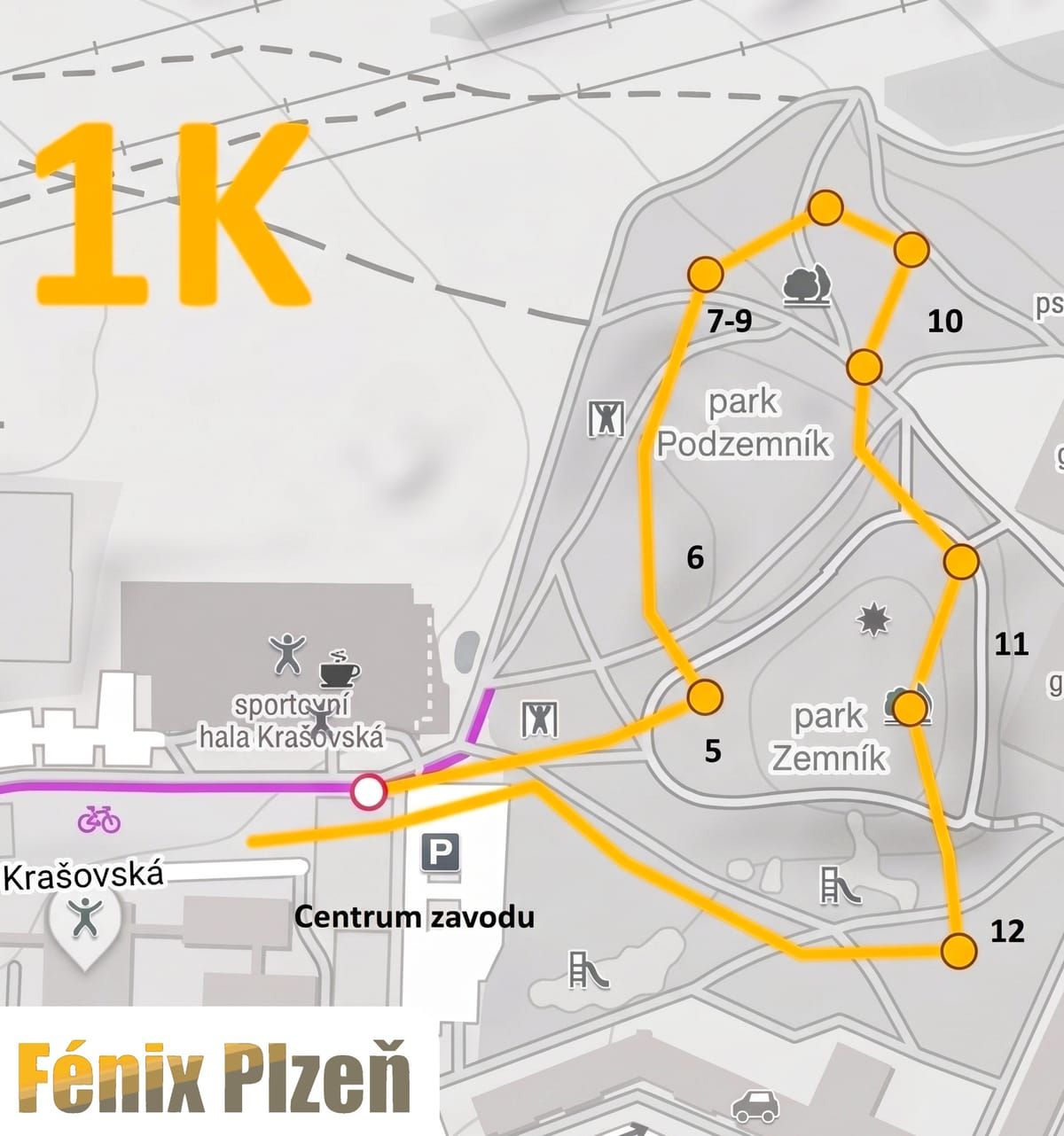 Mapa trati 1K Kids s vyznačenými překážkami