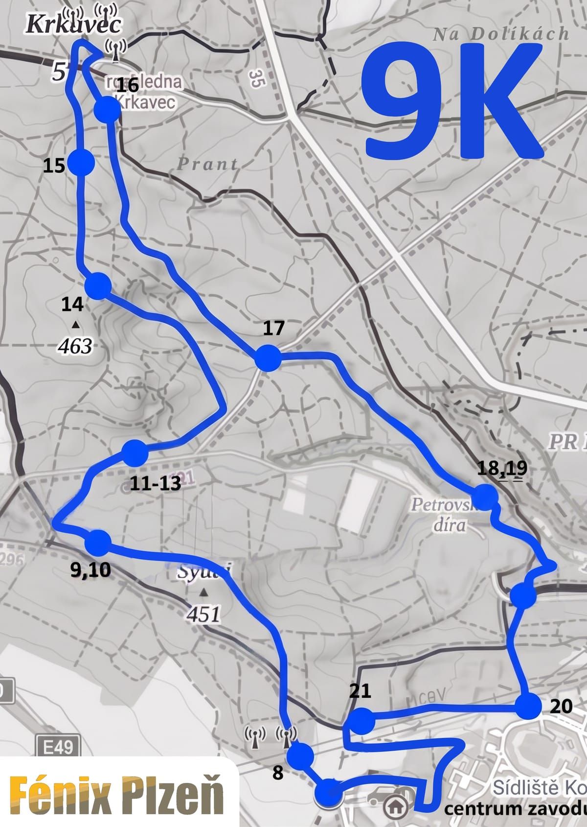 Mapa trati 9K Public s vyznačenými překážkami